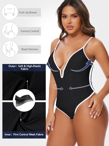 Image of SHAPERIN Bodysuit for Women Shapewear Tummy Control Deep V Neck Plunge Sleeveless Backless Thong Body Suit Tank Top