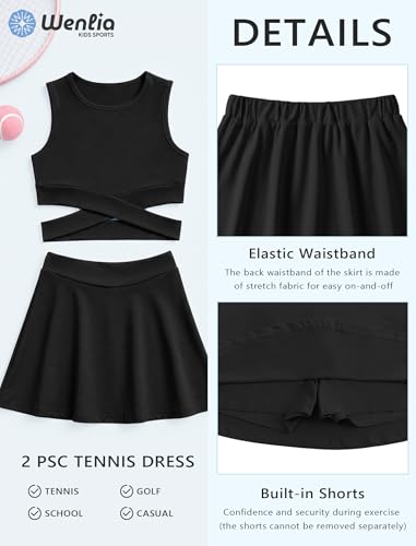 Image of Wenlia Girls Tennis Dress Sleeveless Golf Outfit 2 PCS Athletic Dress Activewear Set with Built in Shorts for 5-14Y