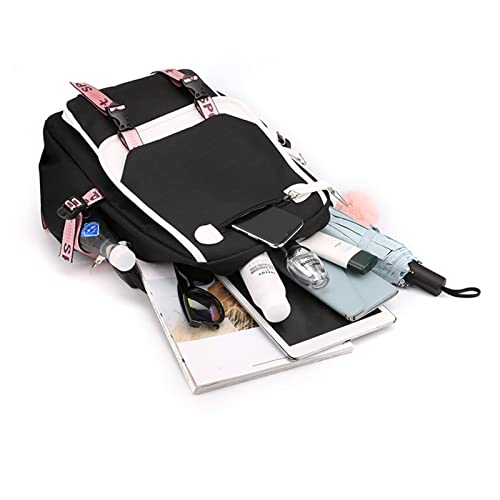Printed Fashion Backpack with USB Port, 11.42 x 6.91 x 18.11 inches, Black and Pink3