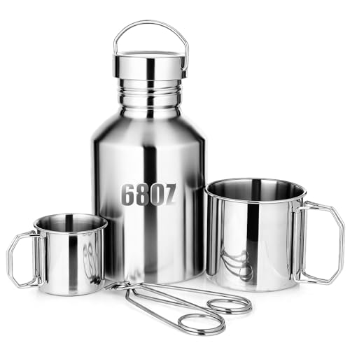 Didaey 68oz Canteen Large Stainless Steel Water Bottle with 2 Nested Camping Cups Leak Proof Reusable Thickened Metal Canteen Wide Mouth Water Boiler Survival Gear for Camping Hiking and Backpacking