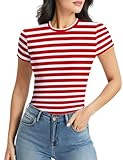 YumiDay Striped Shirt Women Short Sleeve(red/White,M)