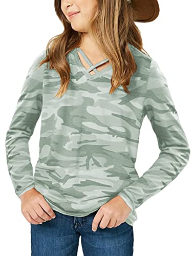 Image of Girls Camouflage Stripe Short Sleeve Shirts V Neck Criss Cross Tees Sweat Kids Casual Sport Tops Blouse(4-15T)