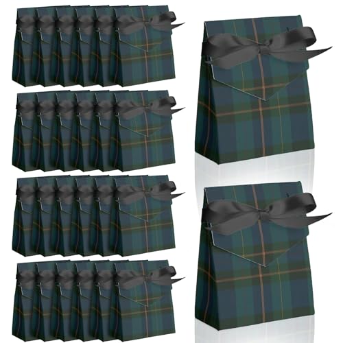 Soaoo 24 Pcs Green Blue Tartan Plaid Gift Bags Tartan Wrapping Paper Bags with Ribbon Bow for Baby Shower Candy Cookies and Party Supplies Wedding Birthday Holiday Goodies(6.3 x 5.5 x 2.36 Inches)