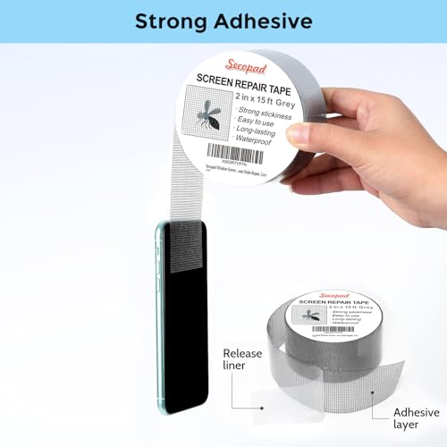 Secopad Grey Window Screen Repair Tape, 2IN X 15FT (180IN) Screen Repair Kit for Windows or Doors, Strong Adhesive Patch Kit Fiberglass Mesh Tape - Thumbnail 3