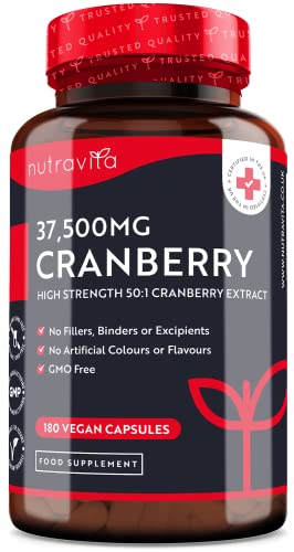 Canneberge Gélules Haute Résistance 37500 mg - 180 gélules Végan - Approvisionnement de 2 mois - Supplément d'Extrait de Canneberge Pur 50:1 - Fabriqué au Royaume-Uni par Nutravita Cover