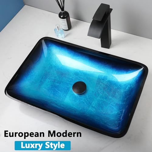 Focitland YUT-45618255B Bathroom Vessel Sink 22 Inch Blue Glass Sink Art Basin,Above Counter Rectangular Bathroom Sink thumb #3