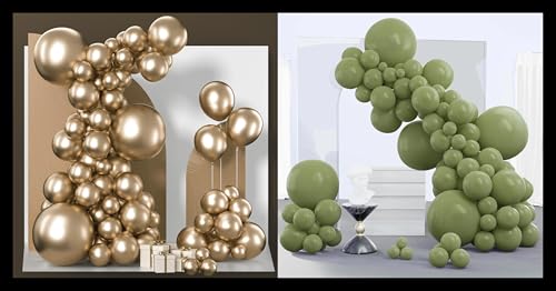 PartyWoo Chrome Gold Balloons 100 pcs and PartyWoo Sage Green Balloons 140 pcs