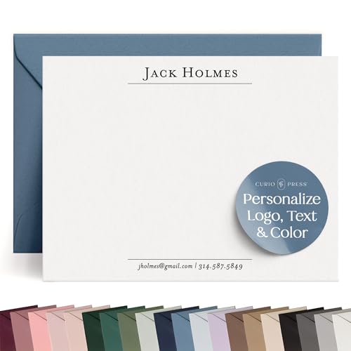 Curio Press Personalized Stationery Note Cards with Envelopes, A2 & A7 Flat Card with Custom Note Cards Name and Contact Info, Personalized Stationary for Men Custom Card - Prestige Flat