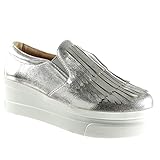 Angkorly - Damen Schuhe Slipper - Slip-on - Plateauschuhe - Fransen - Lackiert Keilabsatz high Heel 5.5 cm - Silber 929-1 T 39