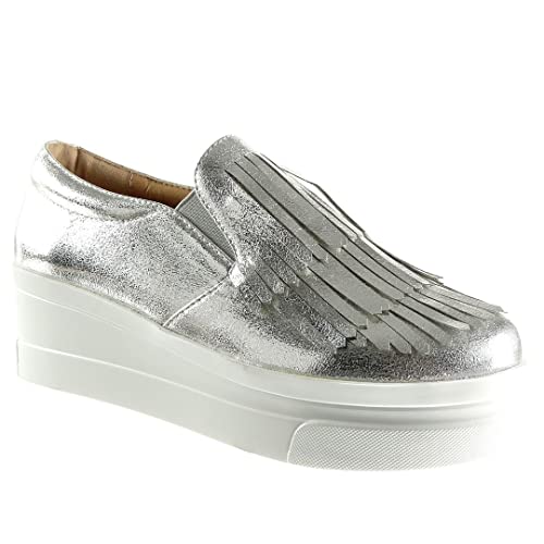 Angkorly - Chaussures Modes Mocassins Slip-on Plateforme Femme Frange Verni