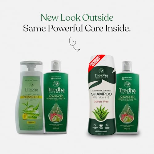 Image of Tredha Advanced Herbal Hair Oil 100ml + Aloe Vera & Tea Tree Anti-Dandruff Shampoo 200ml | Hair Growth & Anti Hair Fall Combo for Men & Women | Controls Frizz & Dryness | Sulphate & Paraben Free Care | Helps Delay Premature Greying