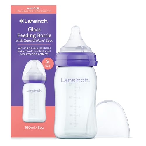 Lansinoh Glass Baby Bottle + NaturalWave™ Slow Flow Teat with Anti Colic Air Vent - 160ml - BPA & BPS-Free - Breastfeeding Bottle Feeding: Clinically Proven to Reduce Nipple Confusion