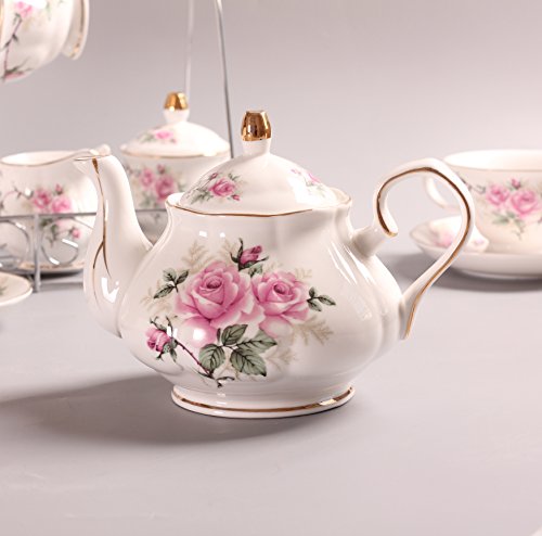 ufengke 15 Piece European China Coffee Cup Set, Ceramic Porcelain Tea Cup Set with Metal Holder, Tea Gift Sets, Pink Camellia Painting …
