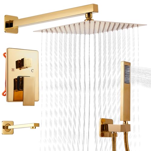 Lista de Juegos de grifería para bañera y ducha los 10 mejores. 50 Rabbitstorm Sistema de Ducha de Oro Cepillado 10 Pulgadas, Cabezal de Ducha de Lluvia de Alta Presión Montado en Pared con Rocíador de Mano, Grifos de Ducha Empotrados Set y...