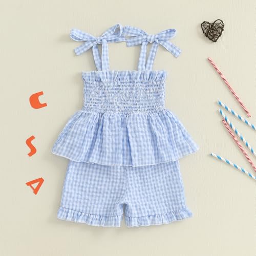 Image of Thorn Tree Toddler Girl Clothes Summer Ruffle Hem Sleeveless Stretchy Top Casual Shorts Cotton Line Outfits