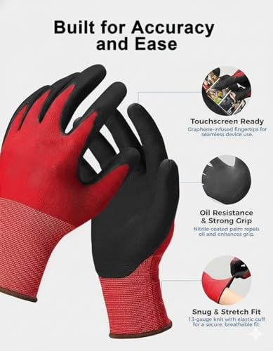 Image of Multipurpose Nylon Anti Cut PU Nitrile Coating Work Safety Gloves Black-Red Pair 2
