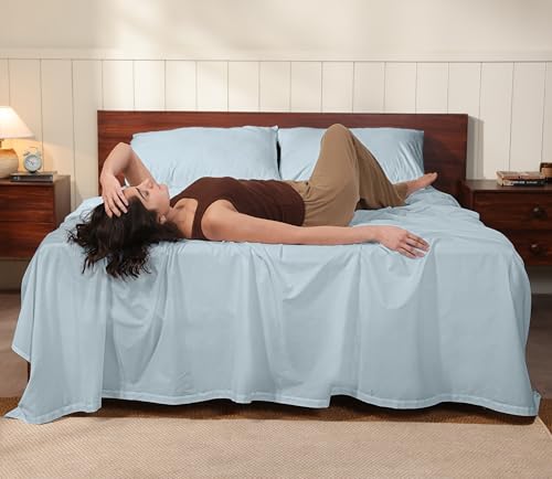 Image of RUVANTI 100% Cotton Percale Sheets California King - Crisp Cooling Summer Bed Sheets for Hot Sleepers, Deep Pocket 12 inch, Soft Peach Finish, Breathable & Durable Hotel-Style 4 Piece Set, Ice Blue