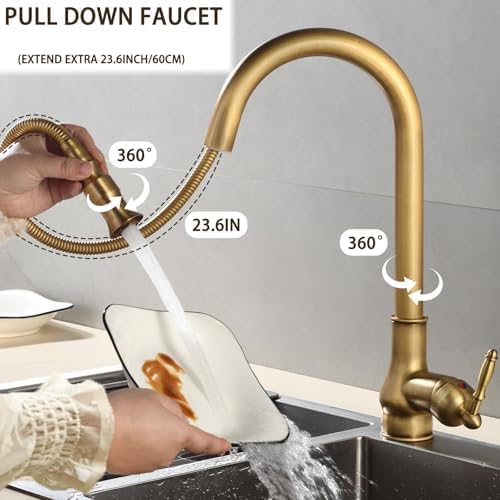 single handle kitchen faucet,antique copper one hole pull out pull down widespread brass faucet body with cold hot mixer hoses