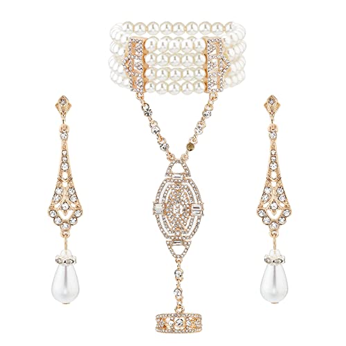 NICENEEDED 1920s Flapper Bracelet Bague Ensemble pour Femme, Bracelet en Cristal de Perle D'Imitation pour Femme Rugissant 20s Vintage Mariage Dangle Bracelet Boucles D'Oreilles Accessoire Cover