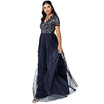 Maya Deluxe Women's Ladies Dress for Wedding Guest Plus Size Empire High Waist Sequins Short Sleeve Evening Bridesmaid, Navy, 24