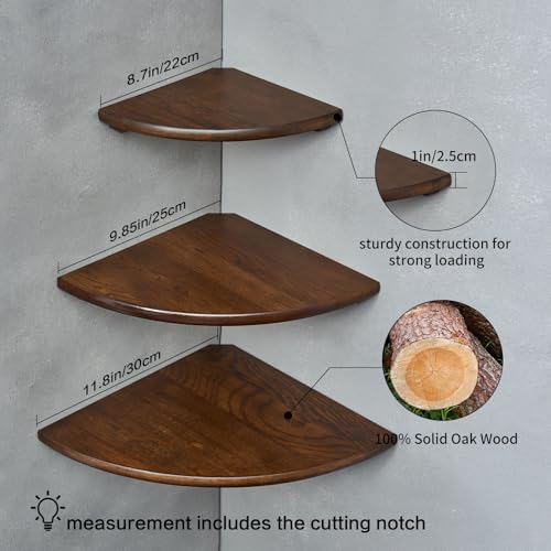 Image of Corner Shelves, Floating Corner Shelf, Set of 3 Solid Oak Wood Corner Wall Shelves, Round End with Wire Hole Shelving for Small Plant for Bedroom Kitchen, Living Room (Size 9 /10 /12in)