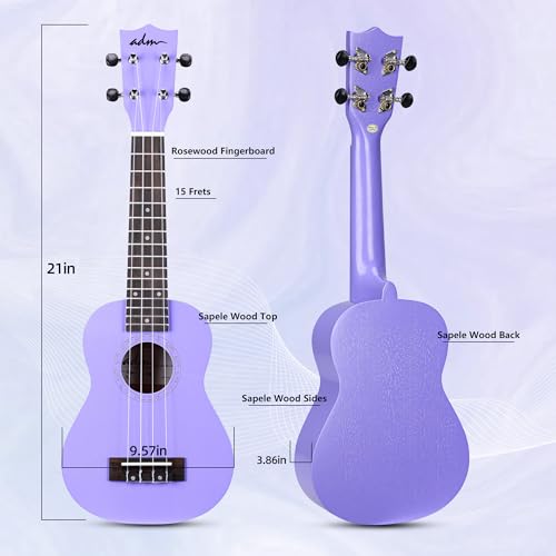 Image of ADM Ukulele for Beginners Hawaiian Sapelewood Ukelele Kit for Adult Student Starter Professional Ukalelee Pack Bundle with Free Lessons Gig Bag Strap Nylon String Tuner (Purple-Sapele, 21 Inch)