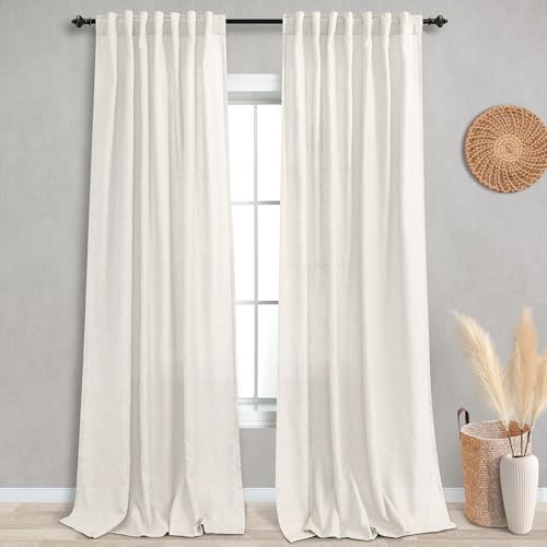 KOUFALL 2 Panel Set Linen Sheer Curtains 96 Inches Long for Sliding Glass Door Window Treatments Drapes Living Room,Off White Ivory Cream,8 FT 52x96 Length, Natural