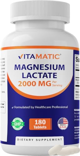 Vitamatic Magnesium Lactate 2000mg per Serving 180 Tablets Supports Muscle Heart Bone & Nervous System Health* Non-GMO Gluten Free No Artificial Additives