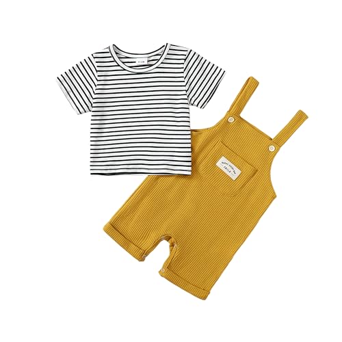 Image of ZOEREA Toddler Baby Boys Clothes Summer Outfit Stripe T-Shirt and Shortall Romper Set Cute Jumpsuit Solid Color 6M-4T