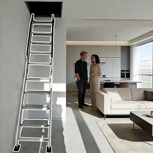 Escalera Escamoteable Escalera Plegable para Áticos, Escalera Extensible Portátil de Alta Resistencia, Escalera de Acceso Al Techo Antideslizante para Áticos(Silver,9 Step-275cm (9ft))