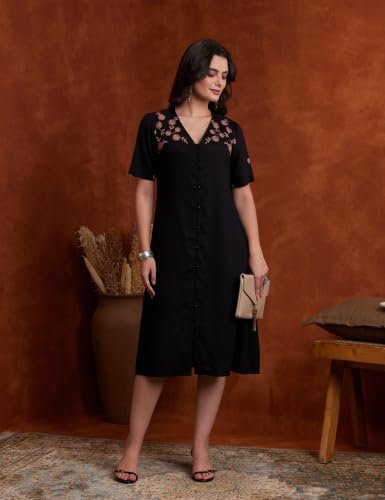 Image of Amazon Brand - Myx Women's Embroidered Shirt Dress | Below The Knee (Available in Plus Sizes)