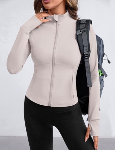 Avoogue Women's Thumb Hole Workout Jacket Tight Fit Zip Up Gym Running Compression Top Ivory Grey M — view 5
