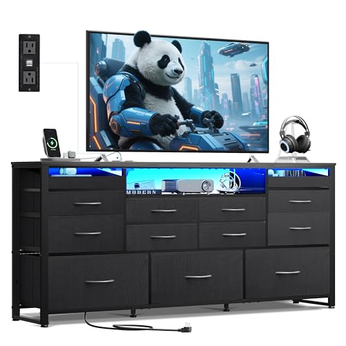 WLIVE Black TV Stand for 55, 60, 65 inch TV, Entertainment Center with LED Lights & Charging Station, TV Media Console Table with 13 Fabric Drawers and Open Shelves for Living Room, Hallway, Wood Top