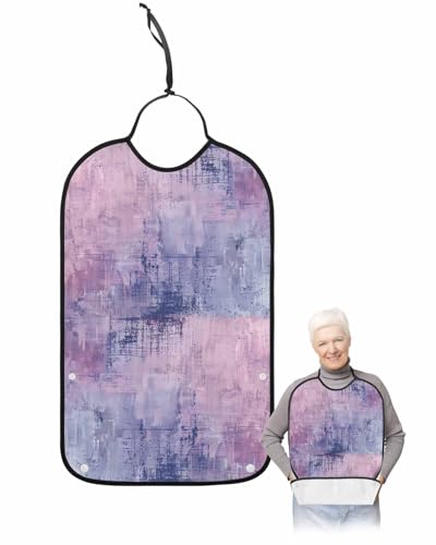 LEOKOTI Pink Purple Adult Bibs for Eating, Waterproof Bibs with Food Catcher & Adjustable Snap Closure, Modern Abstract Art Oil Painting Washable Clothing Protectors Adult Bibs for Elderly Women/Men