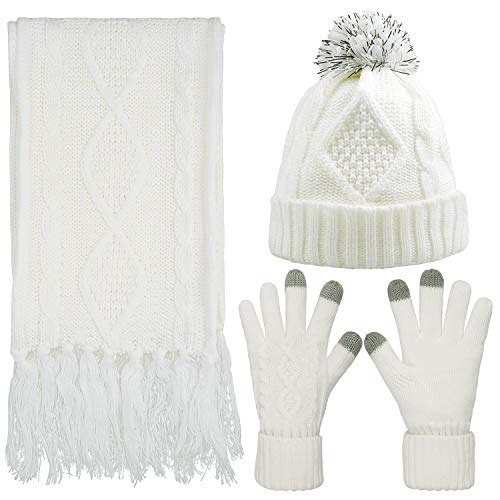 Hat Gloves Scarf Set for Women, Winter Beanie Warm Knit Pom Hat Touch Screen Glove Long Scarf 3pcs Winter Gift Set for Women