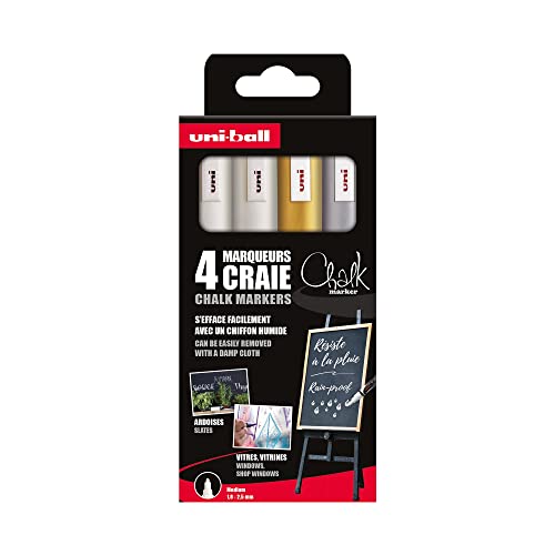 UNI-BALL Chalk Marker - Uni Mitsubishi Pencil - Marqueurs Craie PWE-5M - Marquage Éphémère, Résistant à la Pluie - Pointe Conique Medium - Emballage Zéro Plastique - Lot de 4 - Blanc X2, Or, Argent