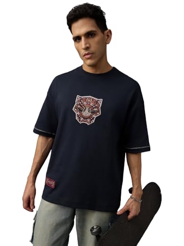 Image of The Souled Store Marvel Indie: Logo Men and Boys Short Sleeves Round Neck Embroidered Drop Shoulder Baggy Casual Streetwear Superheroes Inspired Cotton Super Oversized T-Shirt