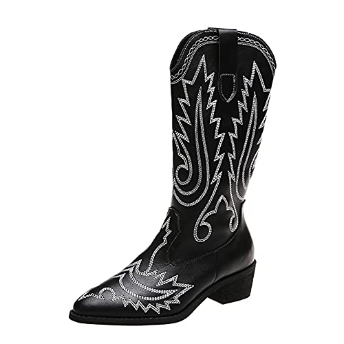 Fullwei Cowboy Boot for Women,Women Cowgirl Embroidery Boot Combat Booties Mid Calf Boot Ladies Casual Western Wide Motorcycle Riding Boot Walking Shoe (Black-1, 10)