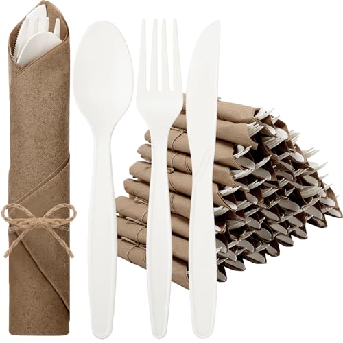 Honeydak 50 Set Pre Rolled Napkin Cutlery Set 100% Compostable Utensils