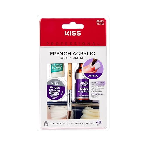 KISS French Acrylic False Nails Sculpture Kit, Natural & French Manicure, Extended Bubble-Free Nail Tips with Acrylic Liquid & Powder, Maximum Speed Nail Glue, Application Brush, & 40 Fake Nails
