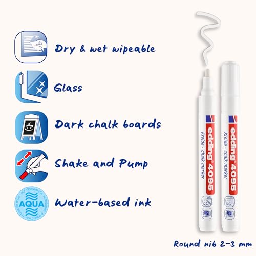 edding 4095 Kreidemarker Sets - Rundspitze 2-3 mm - Kreidestift für Tafel abwischbar - zum Beschriften von Fenster, Glas, Spiegel - Tafelstift mit deckenden Farben