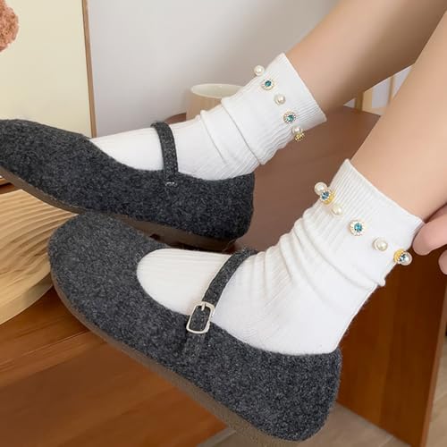 Women's Casual Comfy Crew Socks Bling Crystal Pearl Ankle Stockings Fashion Lightweight Knitted Dress Socks2