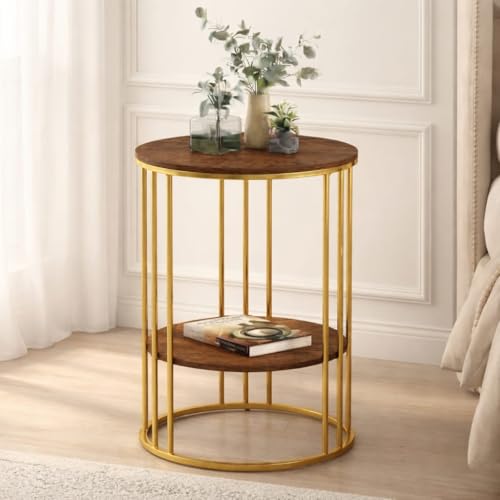 Image of Al Hama Round Coffee Table Sofa Side Accent End Table with Engineered Wood top and Black Metal Frame for Living Room (Gold Brown)