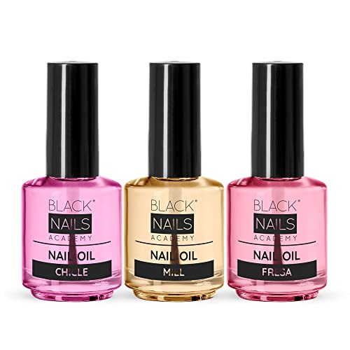 3 x Aceites de cutícula 15ml / Aceite Hidratante / Aromas Fresa, Chicle, Miel / Ideal para uñas / Manicura Francesa / Nail Oil BLACK NAILS Cover