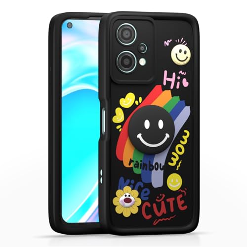 Image of Pikkme Back Cover for OnePlus Nord Ce 2 Lite 5G | Soft Silicone| Cute Rainbow Smile & 3D Cartoon Flower Design | Shockproof Raised Camera Protection Bumper Case (Black)