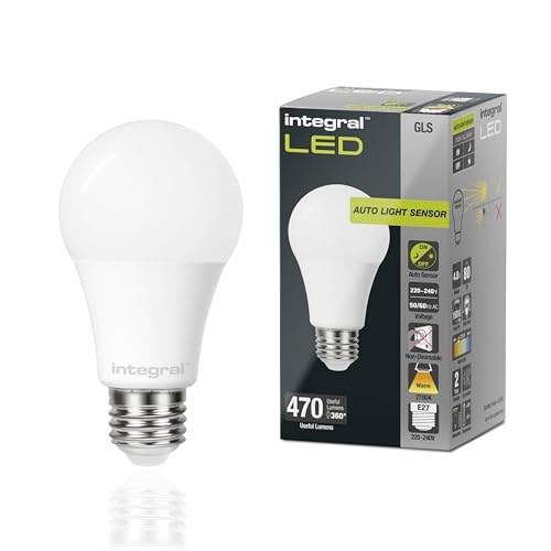 Integral LED GLS E27 bombilla sensor crepuscular mate no regulable - Blanco cálido 2700K, 470lm, 4.8W (40W equivalente) - Eficiente e ideal para exterior, porche, garaje, jardín, patio