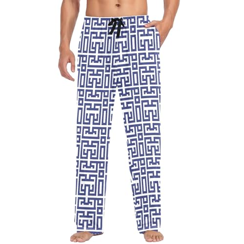 visesunny Mens Cotton Pajama Pants PJ Bottoms Blue Geometric Line Lightweight Soft Lounge Sleepwear with Pockets