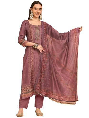 Image of SheWill Kurta Sets for Women - Red Rayon Aari Hand Work with Digital Floral Print Kurta with Pant and Chanderi Dupatta |Stylish Printed Summer Kurti Set
