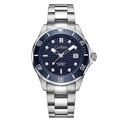 CADISEN Luxury Sapphire Crystal Blue Men Automatic Mechanical Watches Ceramic Bezel Stainless Steel 10Bar Luminous Date Window Japanese Movement (Blue (Wavy Texture))