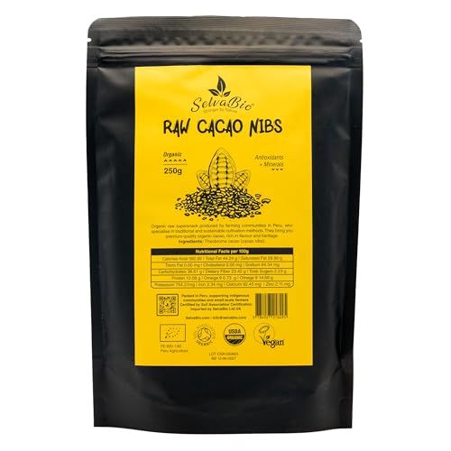 SelvaBio Organic Raw Cacao Nibs Criollo Variety Single Origin from Peru Unsweetened and Non-Alkalised Vegan and Gluten Free Superfood Perfect for Smoothies Baking and Healthy Snacks 250 g